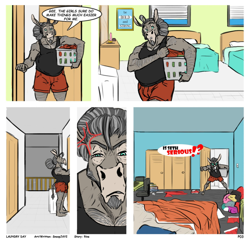 angry anthro beard bed clothed clothing comic dialogue donkey english_text equine facial_hair inside male mammal mature_male open_mouth snoopjay2 solo standing text