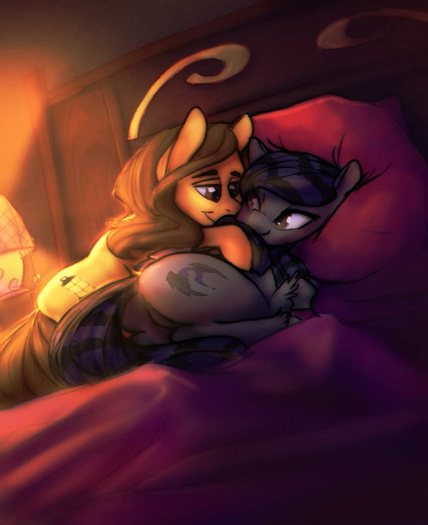 bed bedroom brown_eyes butt cutie_mark duo equine eye_contact fan_character feathered_wings feathers female fur happy horse intimate male male/female mammal my_little_pony on_bed pillow pony radiant_star romantic rune_riddle smile wings woofmaple