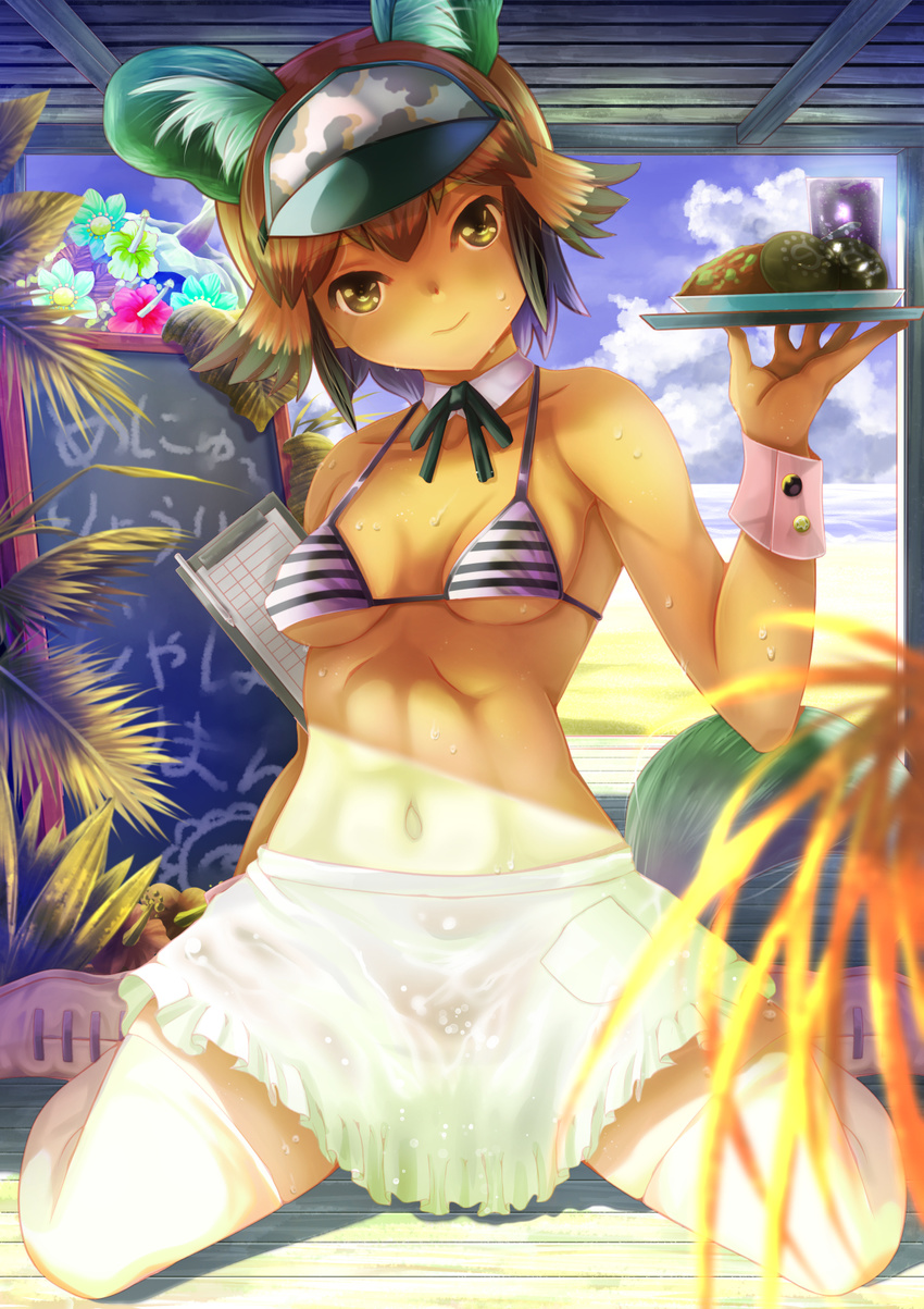 abs african_wild_dog_(kemono_friends) animal_ears apron arm_behind_back bare_arms bare_shoulders beach bikini_top black_hair blonde_hair breasts breasts_apart chalkboard closed_mouth collarbone commentary day dekameron detached_collar dog_ears dog_tail food full_body hand_up hat head_tilt highres holding holding_tray kemono_friends looking_at_viewer menu_board multicolored_hair navel ocean outdoors plate shoes short_hair sitting small_breasts smile sneakers solo stomach striped_bikini_top summer sweat swimsuit tail thighhighs toned tray two-tone_hair waist_apron waitress wariza white_legwear wrist_cuffs yellow_eyes zettai_ryouiki