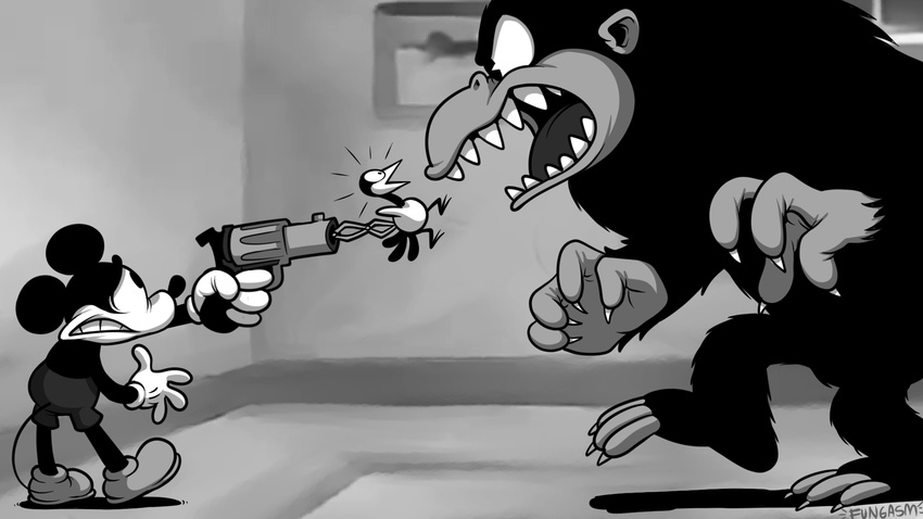 2017 3_toes 4_fingers ambiguous_gender angry anthro ape avian beppo_the_gorilla biped bird claws clenched_teeth clothed clothing digital_drawing_(artwork) digital_media_(artwork) disney duo_focus fear feathers footwear frown fungasm fur gloves gorilla greyscale group gun handgun holding_object holding_weapon imminent_doom long_tail male mammal mickey_mouse monochrome mouse nude old_toon pants primate ranged_weapon revolver rodent scowl shadow sharp_teeth shocked shoes side_view size_difference surprise tail_feathers teeth thin_tail toes toony topless weapon white_claws white_wings winged_arms wings