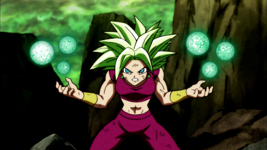 1girl abs anime aqua_eyes caulifla dragon_ball dragon_ball_super earrings energy_ball female fusion green_hair kale_(dragon_ball) kefla muscles navel pants potara_earrings red_pants red_shirt saiyan screencap shirt spiky_hair stomach super_saiyan wristband