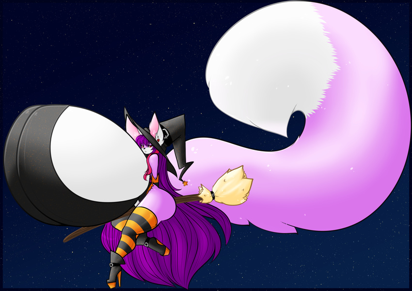 big_breasts big_butt big_tail boots breasts broom butt canine clothing female fluffy fluffy_tail footwear fox fur gradient_background hair halloween hat holidays huge_breasts hyper hyper_breasts legwear long_hair long_tail magic_user mammal purple_fur purple_hair red_eyes simple_background socks solo tehbuttercookie thick_tail wide_hips witch witch_hat