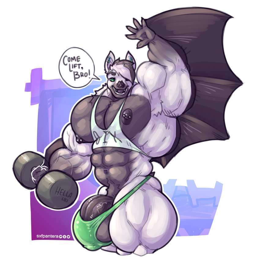 anthro balls barely_contained bat big_penis clothing exercise humanoid_penis hyper hyper_muscles looking_at_viewer male mammal muscular muscular_male nipple_piercing nipples open_mouth penis piercing shirt smile solo sxf-pantera tank_top tight_clothing underwear veiny_muscles weightlifting wings workout