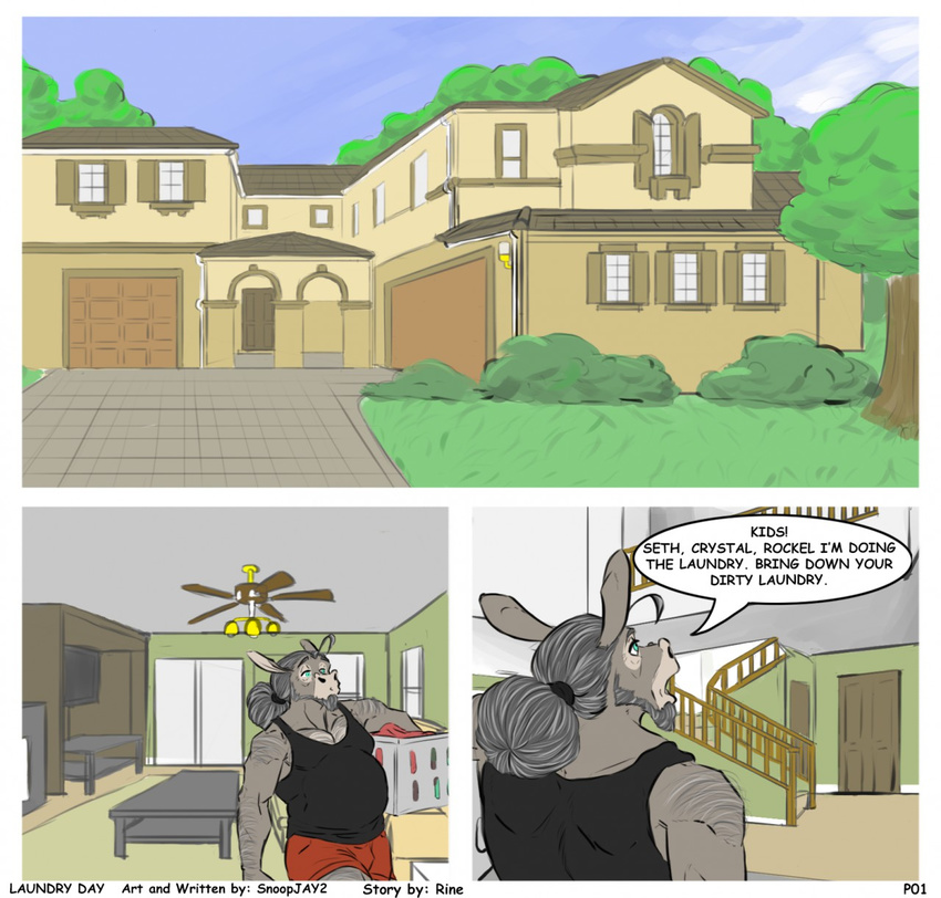 anthro belly big_belly building clothed clothing comic donkey english_text equine house inside male mammal mature_male open_mouth shirt snoopjay2 solo standing tank_top text