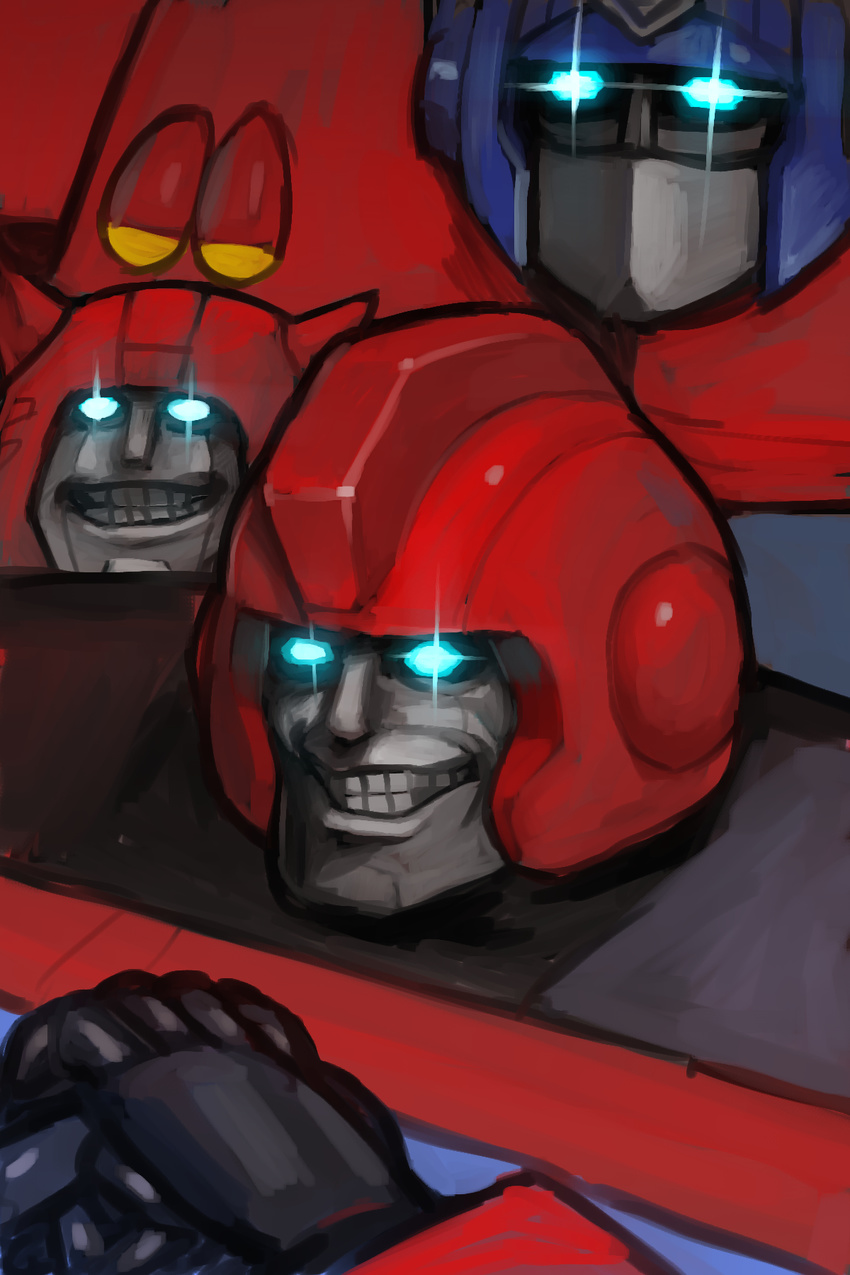 80s artist_request autobot blue_eyes clenched_hand cliffjumper dark evil_smile eyes glowing glowing_eyes highres horror_(expression) horror_(theme) ironhide looking_at_viewer machinery multiple_boys no_humans oldschool optimus_prime smile teeth transformers