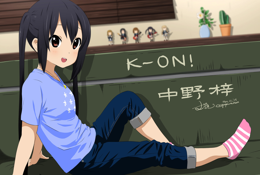 :d absurdres akiyama_mio ankle_socks arm_support bangs black_hair blue_legwear breasts brown_eyes cactus casual character_doll commentary_request copyright_name denim figure flower_pot hair_between_eyes highres hirasawa_yui indoors jeans jewelry k-on! knee_up kotobuki_tsumugi lavender_shirt light_blush looking_at_viewer looking_to_the_side nakano_azusa necklace ogawan_(opopinchan) open_mouth pants pink_legwear plant potted_plant sidelocks sitting small_breasts smile socks solo striped striped_legwear tainaka_ritsu tareme teeth translation_request twintails vase