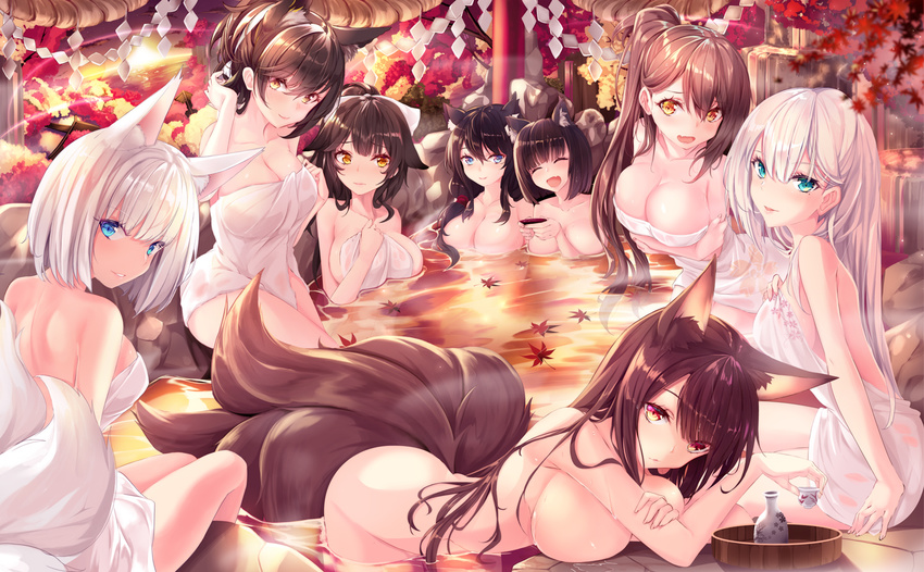 :d akagi_(azur_lane) animal_ears aqua_eyes atago_(azur_lane) autumn autumn_leaves azur_lane bangs bare_shoulders bent_over blue_eyes blunt_bangs blush bob_cut breast_hold breasts cat_ears closed_eyes closed_mouth collarbone cup eyebrows eyebrows_visible_through_hair facing_away facing_viewer fang flush fox_ears fox_tail frown fusou_(azur_lane) grin hair_between_eyes hair_ears hair_ribbon hair_up haruka_natsuki holding holding_towel kaga_(azur_lane) large_breasts leaf leaning_forward long_hair looking_at_viewer looking_back maple_leaf medium_breasts mole mole_under_eye multiple_girls multiple_tails naked_towel nude onsen open_mouth partially_submerged ponytail red_eyes revision ribbon sakazuki short_hair shoukaku_(azur_lane) side_ponytail sideboob sitting smile steam sunrise swept_bangs tail takao_(azur_lane) tied_hair towel wet wet_towel white_hair white_towel yamashiro_(azur_lane) yellow_eyes zuikaku_(azur_lane)