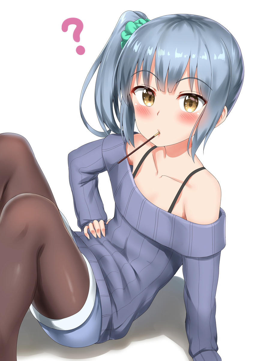 ? absurdres alternate_costume blue_hair blush brown_eyes brown_legwear collarbone commentary_request eyebrows_visible_through_hair flat_chest food highres kantai_collection kasumi_(kantai_collection) leaning_back looking_at_viewer mouth_hold nedia_(nedia_region) off-shoulder_sweater pantyhose pocky pocky_day ribbed_sweater short_shorts shorts side_ponytail simple_background sitting solo sweater