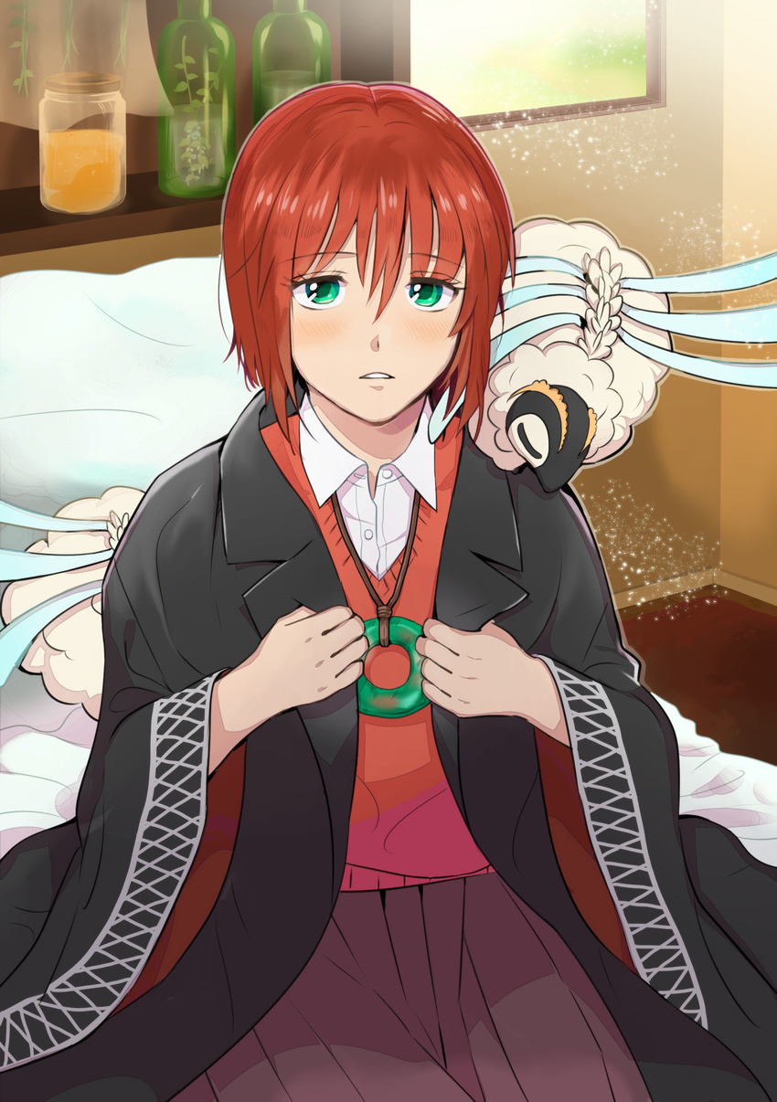 absurdres amulet animal animal_on_shoulder bottle fujiharu_(akamine) hair_between_eyes hatori_chise highres indoors looking_at_viewer mahou_tsukai_no_yome on_bed parted_lips pillow red_hair short_hair sitting solo