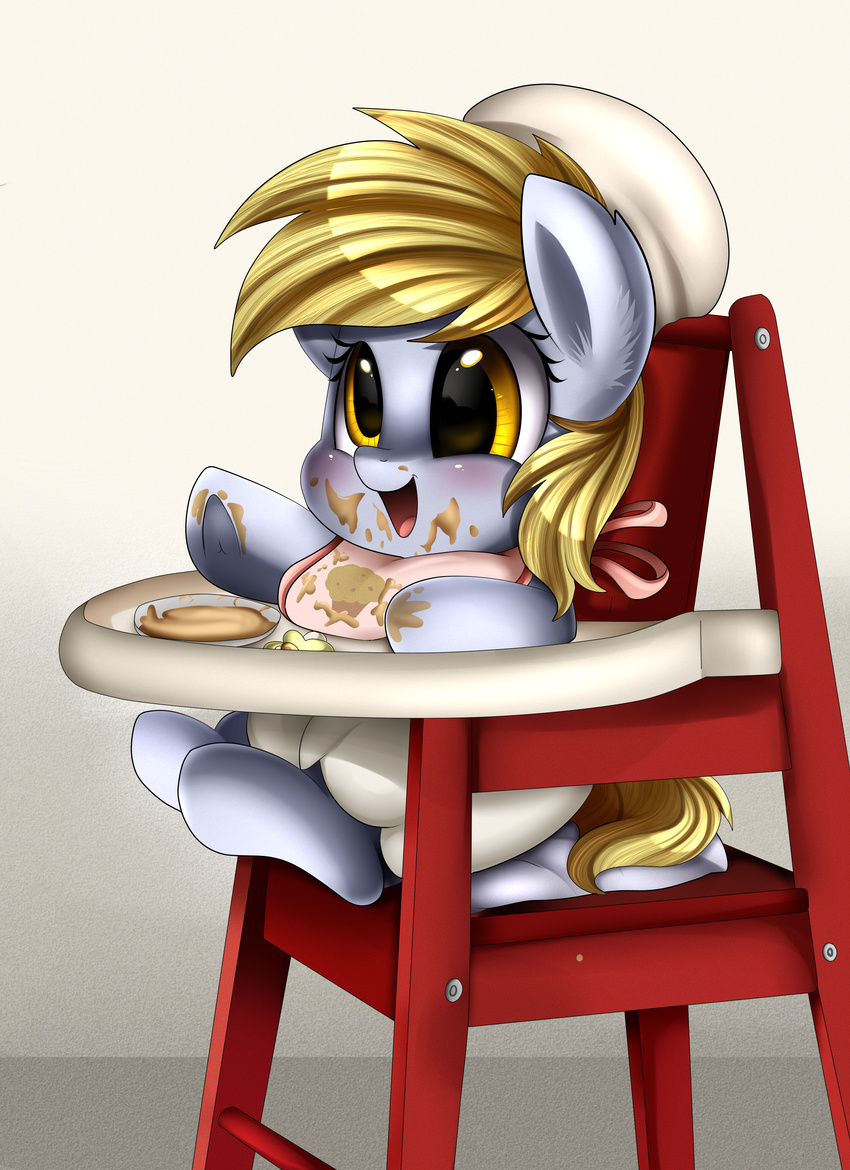 2017 baby bib blonde_hair blush cub cute derp_eyes derpy_hooves_(mlp) diaper equine female food friendship_is_magic hair happy hat high_chair mammal messy my_little_pony open_mouth pacifier pridark simple_background solo solo_focus yellow_eyes young