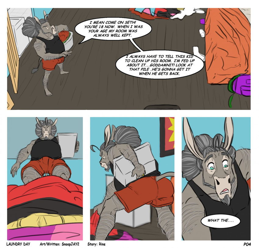 anthro beard belly big_belly bulge clothed clothing comic dialogue donkey english_text equine facial_hair inside low-angle_view male mammal mature_male muscular-male open_mouth shirt snoopjay2 solo surprise tank_top text