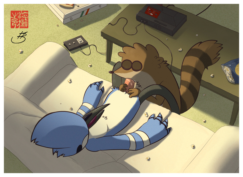 anthro avian bird brown_fur cartoon_network eyes_closed food fur male male/male mammal mordecai_(regular_show) oral procyonid raccoon regular_show rigby_(regular_show) sitting sofa sweaciabic