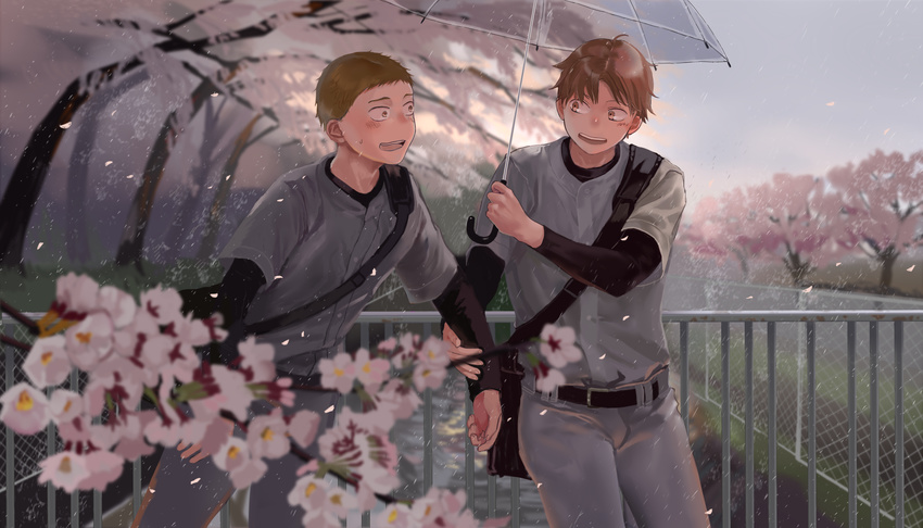 :d arm_holding bad_id bad_pixiv_id bag baseball_uniform belt bookbag brown_hair chain-link_fence cherry_blossoms eye_contact fence hand_on_another's_arm highres looking_at_another male_focus multiple_boys noasa ookiku_furikabutte open_mouth outdoors petals railing shared_umbrella smile sportswear sweatdrop transparent transparent_umbrella tree umbrella