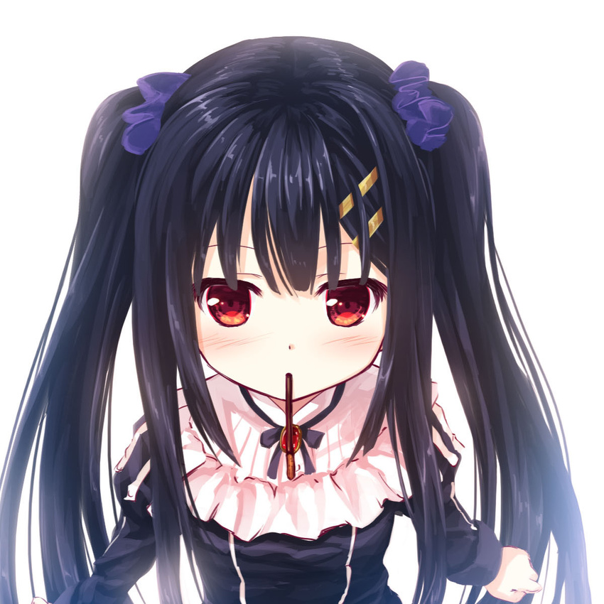 black_hair blue_scrunchie flower_knight_girl food frills hair_ornament hair_scrunchie hairclip highres long_hair looking_at_viewer mouth_hold pocky red_eyes scrunchie simple_background solo torikabuto_(flower_knight_girl) twintails upper_body white_background yuku_(kiollion)