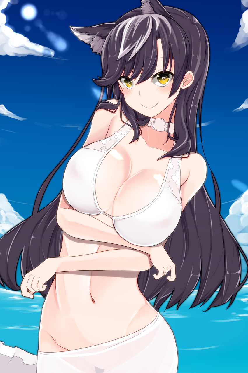 absurdres animal_ears atago_(azur_lane) azur_lane bikini black_hair blue_sky blush breast_hold breasts brown_eyes choker cleavage cloud day extra_ears heart heart-shaped_pupils highres large_breasts long_hair looking_at_viewer mole mole_under_eye navel ocean pon_(shind_997) sky smile solo swimsuit symbol-shaped_pupils white_bikini white_choker