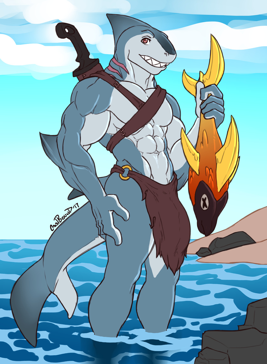 2017 abs anthro biceps biped blue_sky castbound clothed clothing cloud day detailed_background digital_media_(artwork) elbow_fin fin fish front_view gills grey_skin grey_tail head_fin hi_res holding_object loincloth looking_at_viewer male marine melee_weapon multicolored_skin multicolored_tail muscular muscular_male outside partially_submerged pecs portrait red_eyes scabbard shark sharp_teeth signature sky solo standing sword tail_fin teeth thick_tail three-quarter_portrait topless two_tone_skin two_tone_tail water weapon white_skin white_tail