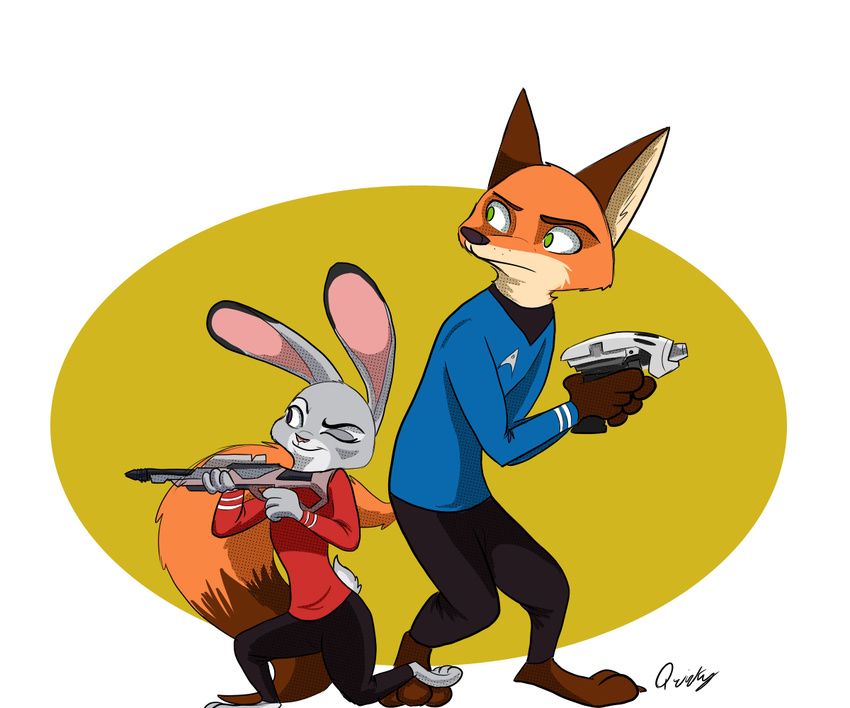 2017 anthro canine clothed clothing disney female fox fur green_eyes grey_fur gun judy_hopps lagomorph male mammal nick_wilde orange_fur purple_eyes quirky-middle-child rabbit ranged_weapon simple_background star_trek uniform weapon zootopia