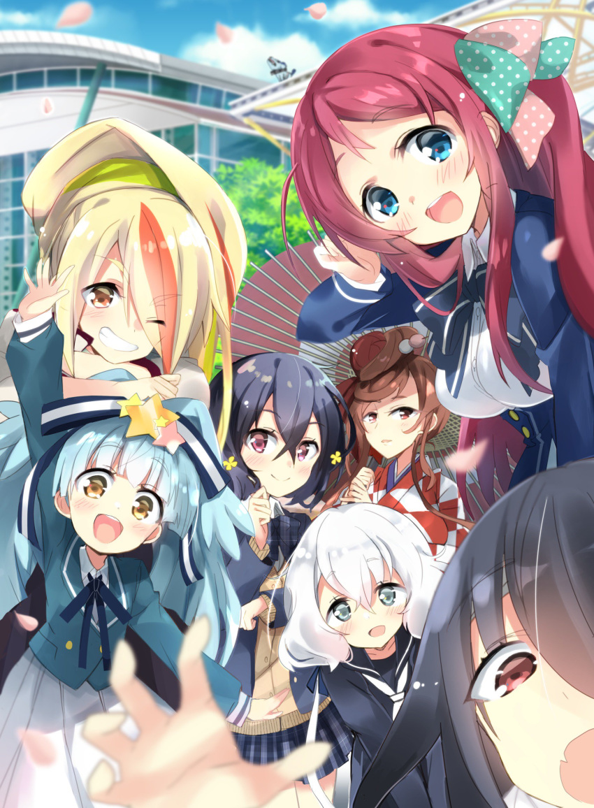 6+girls absurdres ahoge aqua_hair black_dress black_hair black_sailor_collar black_serafuku blonde_hair blue_eyes bow breasts brown_eyes brown_hair building cherry_blossoms commentary_request cowboy_shot dog dress eyebrows_visible_through_hair hair_bow hair_ornament hair_over_one_eye hair_ribbon highres hizuki_yayoi hoshikawa_lily japanese_clothes konno_junko large_breasts long_hair looking_at_viewer low_twintails minamoto_sakura mizuno_ai multicolored_hair multiple_girls neckerchief nikaidou_saki oriental_umbrella petals pink_hair polka_dot polka_dot_bow ponytail ribbon romero_(zombie_land_saga) sailor_collar sailor_dress school_uniform serafuku short_hair star star_hair_ornament streaked_hair twintails umbrella white_neckwear yamada_tae yuugiri_(zombie_land_saga) zombie_land_saga