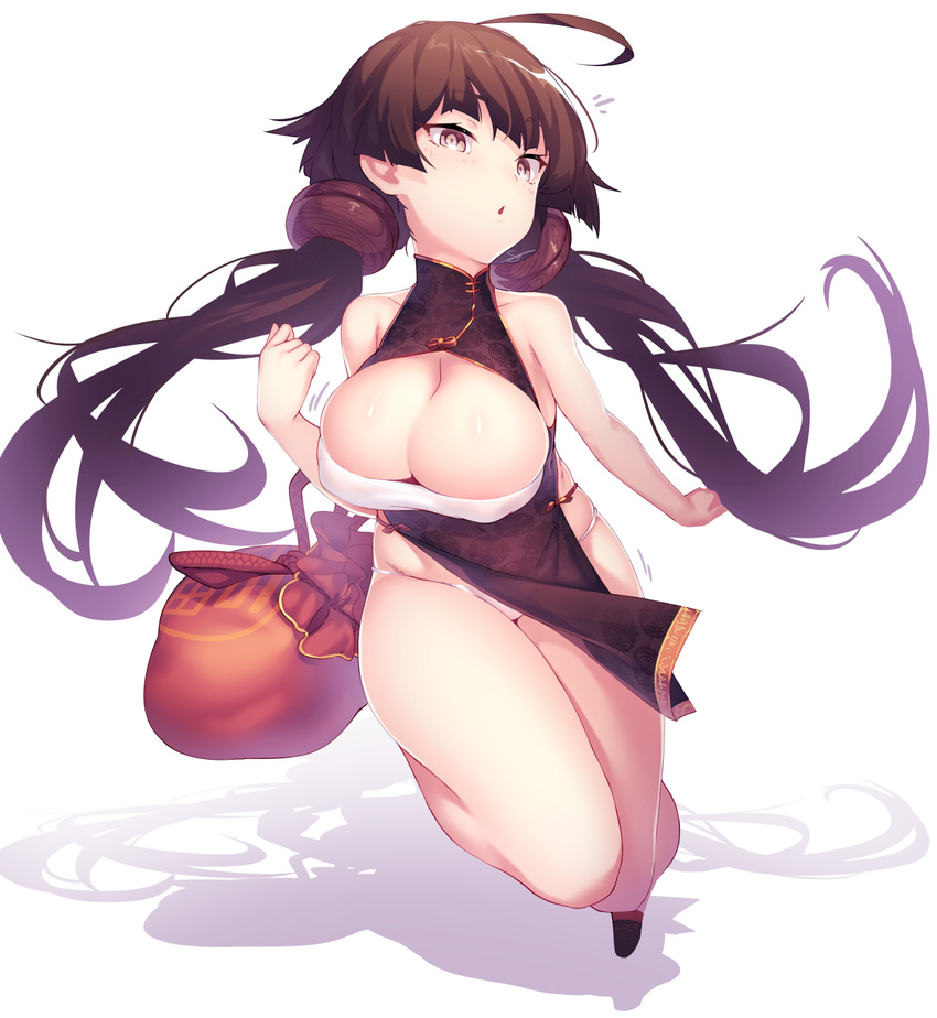 :o ahoge bangs basket black_dress breasts brown_eyes brown_hair china_dress chinese_clothes cleavage commentary_request dev dress full_body hand_up highres large_breasts long_hair low_twintails open_mouth original panties pelvic_curtain see-through shadow simple_background solo thick_thighs thighs tsurime twintails underwear white_background white_panties