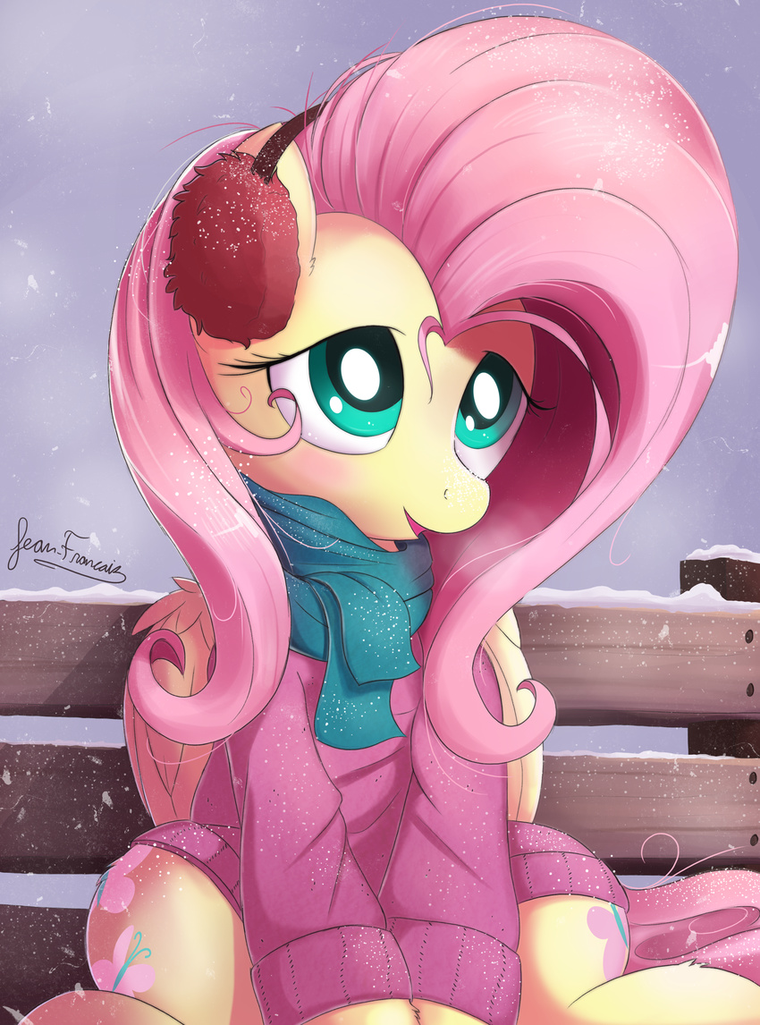 2017 blue_eyes bugplayer cutie_mark day detailed_background digital_media_(artwork) equine female feral fluttershy_(mlp) friendship_is_magic fur hair mammal my_little_pony outside pegasus pink_hair sitting sky snow solo wings yellow_fur