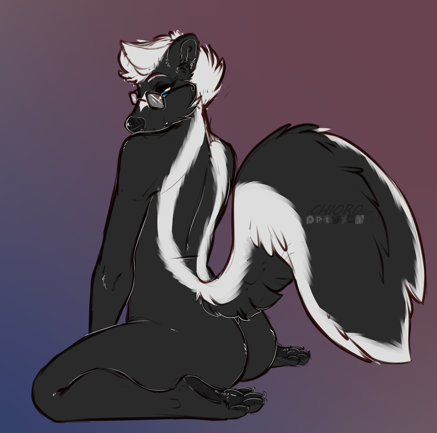 2017 4_toes anthro barefoot big_tail biped black_claws black_fur black_nose black_pawpads black_tail blue_eyes butt chioro claws digital_media_(artwork) eyewear fluffy fluffy_tail fur glasses gradient_background hair hi_res kneeling long_tail male mammal multicolored_fur multicolored_tail nude pawpads paws rear_view short_hair signature simple_background skunk solo toe_claws toes two_tone_fur two_tone_tail watermark white_fur white_hair white_tail wick_(tarkeen)