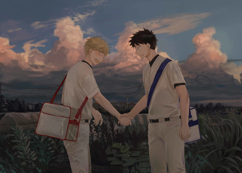 :d abe_takaya absurdres bad_id bad_pixiv_id bag black_hair closed_eyes cloud day duffel_bag eye_contact grass handshake highres light_brown_hair looking_at_another male_focus mihashi_ren multiple_boys noasa ookiku_furikabutte open_mouth outdoors pants plant power_lines smile standing tree white_pants