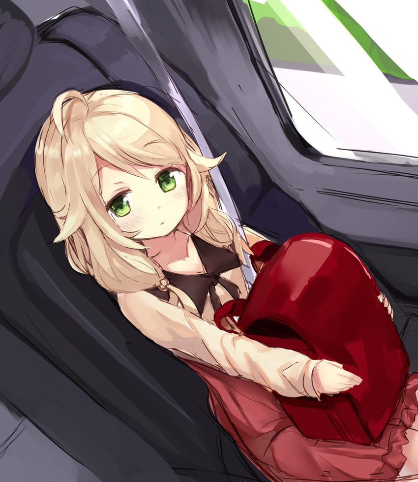 ahoge backpack backpack_removed bag bangs blonde_hair blush car_interior collarbone commentary_request day dutch_angle eyebrows_visible_through_hair green_eyes haik highres holding holding_backpack idolmaster idolmaster_cinderella_girls indoors long_hair long_sleeves looking_at_viewer parted_lips pink_skirt randoseru seat seatbelt shirt sitting sketch skirt solo yellow_shirt yusa_kozue