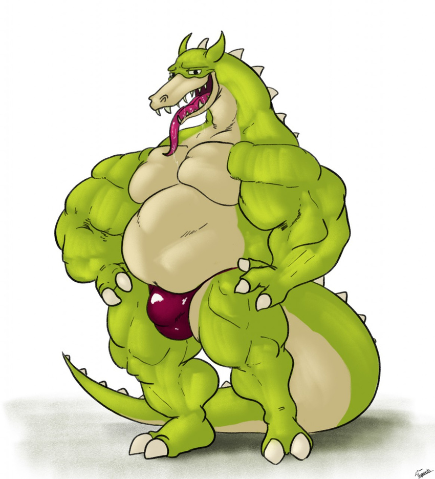 2_toes 3_fingers anthro bulge clothed clothing cuphead_(game) dragon grim_matchstick looking_at_viewer male musclegut muscular open_mouth simple_background slightly_chubby smile solo speedo swimsuit toes tongue tongue_out topless underwear uniparasite