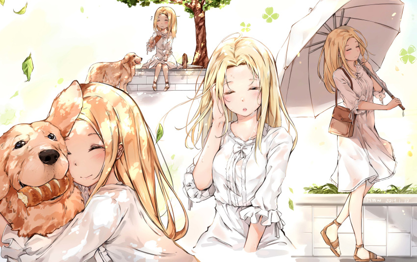 1girl absurdres artist_name bag baguette bangs blind blonde_hair blush bread breasts brown_footwear closed_mouth clover commentary dated day dog dress eating food four-leaf_clover hand_up highres hmw_(pixiv7054584) holding holding_food holding_umbrella hug leaf long_hair multiple_views notice_lines original parted_bangs parted_lips plant sandals shoulder_bag sitting sleeves_past_elbows small_breasts smile sunlight sweat tree tree_shade umbrella walking white_dress