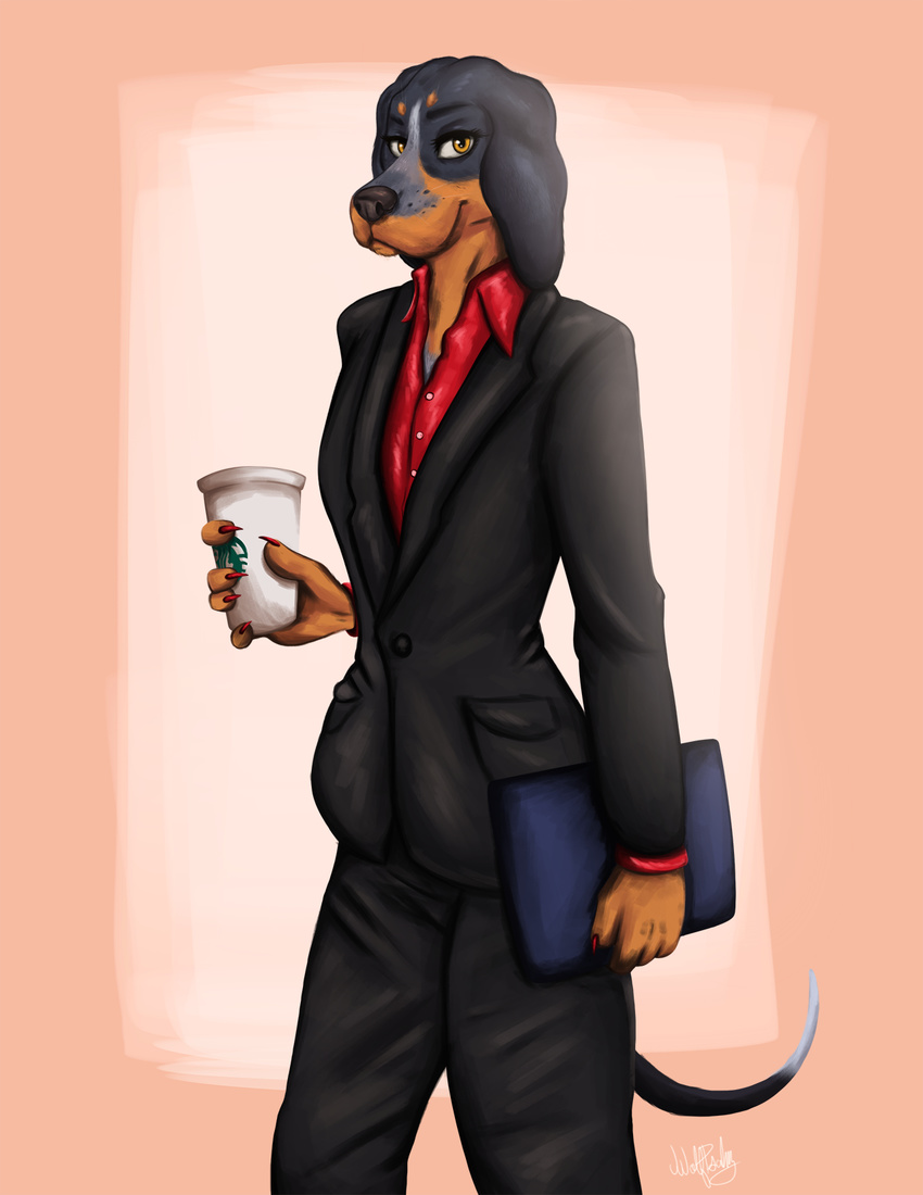 anthro bluetick_coonhound brandy canine clothed clothing digital_media_(artwork) dog female mammal painting smile solo suit wolfpsalm