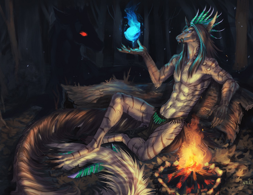 2017 5_fingers abs ambiguous_gender anthro barefoot brown_hair canine detailed_background digital_media_(artwork) dragon duo feral fire fur furred_dragon glowing glowing_eyes hair male mammal navel night outside tatchit