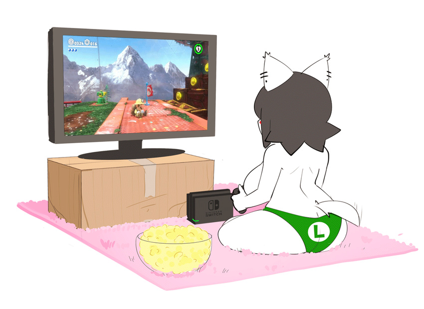 animated anthro big_breasts black_hair blush_sticker bowl breasts butt canine clothed clothing dog ear_piercing female food fur gaming hair maggie_applebee mammal mario mario_bros nintendo nintendo_switch piercing popcorn simple_background solo_focus super_mario_odyssey tailwag theycallhimcake topless video_games white_background white_fur