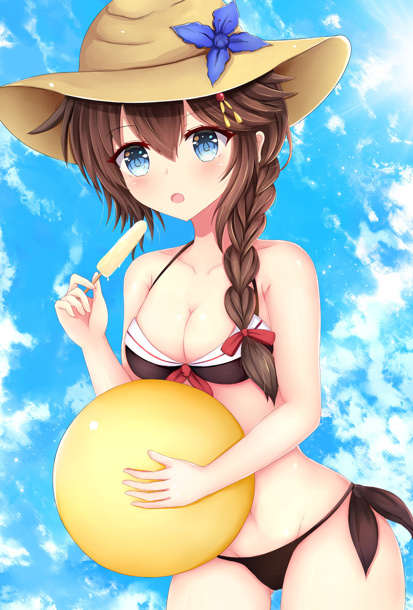 :o absurdres adapted_costume ass_visible_through_thighs ball bangs bare_arms bare_shoulders beachball bikini black_bikini black_ribbon blue_eyes blue_sky blush braid breasts brown_hair brown_hat cleavage cloud collarbone cowboy_shot day endsmall_min eyebrows_visible_through_hair food front-tie_bikini front-tie_top hair_ornament hair_over_shoulder hairpin hat highres holding holding_ball holding_food kantai_collection long_hair medium_breasts open_mouth outdoors popsicle red_ribbon remodel_(kantai_collection) ribbon sailor_bikini sailor_collar shigure_(kantai_collection) side-tie_bikini single_braid sky solo standing sun_hat swimsuit tareme