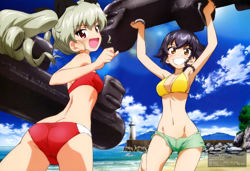 absurdres anchovy ass beach bikini bikini_shorts bikini_top black_hair blush braid brown_eyes cloud cloudy_sky crotch_seam day drill_hair girls_und_panzer green_bikini_bottom green_hair grin highres holding inflatable_toy leg_up lighthouse long_hair looking_at_viewer mc_axis mismatched_bikini multiple_girls official_art open_mouth outdoors pepperoni_(girls_und_panzer) red_bikini red_eyes short_hair short_shorts shorts side_braid sky smile standing swimsuit torpedo twin_drills twintails yoshida_nobuyoshi