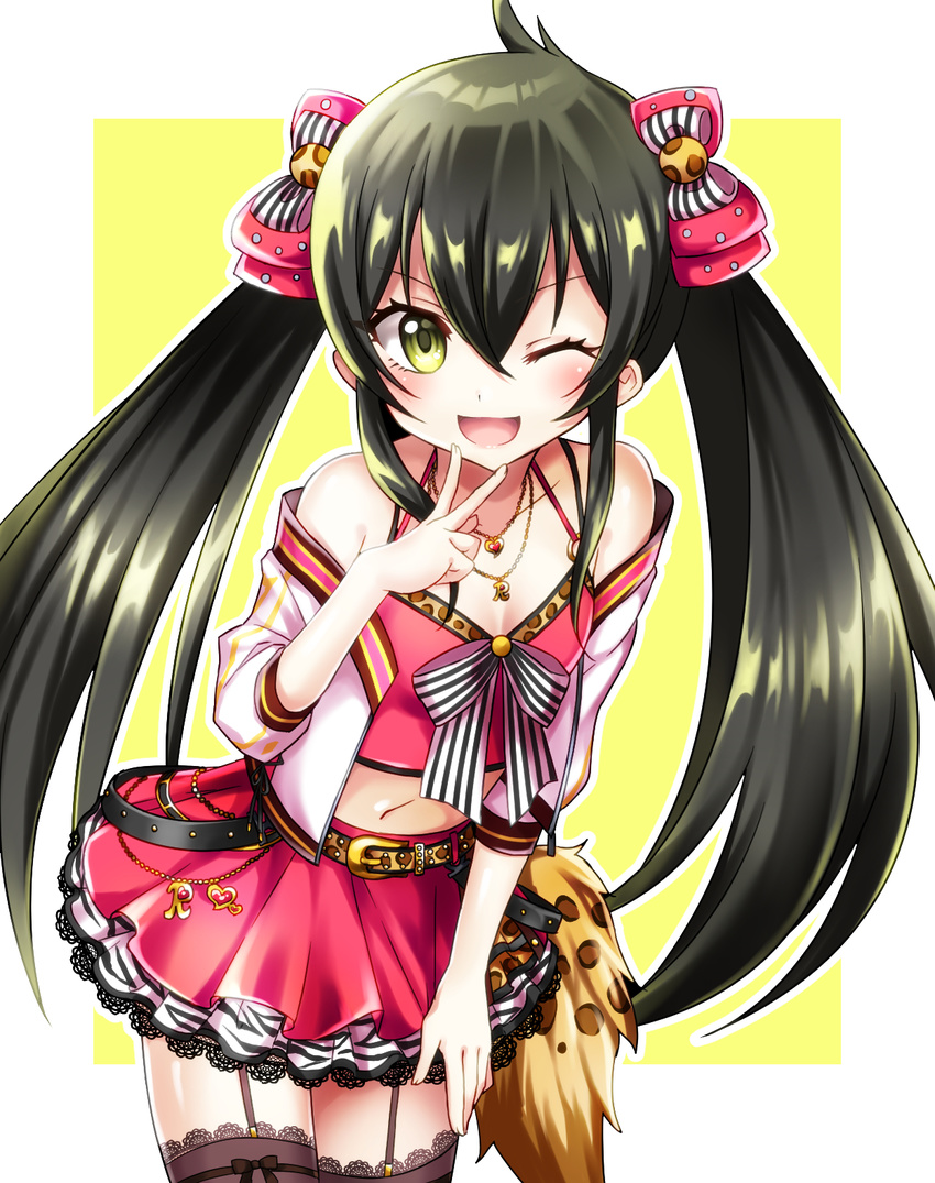 :d ahoge animal_print bare_shoulders belt black_belt black_hair black_legwear blush bow breasts charm_(object) cleavage cowboy_shot crop_top cropped_jacket eyelashes fake_tail garter_straps hair_between_eyes hair_bow halterneck hand_to_own_mouth highres idolmaster idolmaster_cinderella_girls jacket jewelry lace lace-trimmed_legwear lace-trimmed_skirt layered_skirt leaning_forward leopard_print long_hair looking_at_viewer matoba_risa midriff multiple_belts multiple_necklaces navel necklace off_shoulder one_eye_closed open_mouth outline pink_bow pink_skirt pink_tank_top ribbon-trimmed_legwear ribbon_trim shiny shiny_hair shiny_skin sidelocks skirt small_breasts smile solo spaghetti_strap square striped striped_bow tail tank_top thighhighs tsukasa_kinako twintails v very_long_hair white_background white_jacket yellow_eyes zebra_print