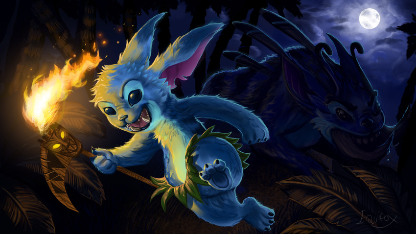 16:9 2014 3_toes antennae back_markings back_spines blue_eyes blue_fur chest_tuft claws crossover detailed_background digital_drawing_(artwork) digital_media_(artwork) disney equifox fangs fire forest fur gnar_(lol) grass_skirt high_contrast holding_object league_of_legends lilo_and_stitch markings moon night notched_ear open_mouth riot_games running saliva signature sky stitch toe_claws toes tongue tongue_out torch tree tuft video_games yordle