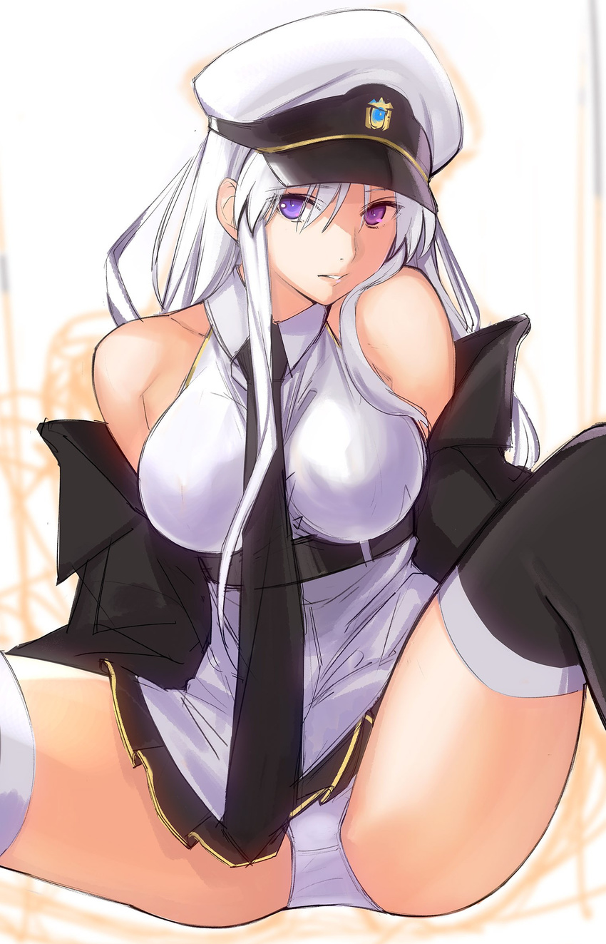 azur_lane bare_shoulders breasts enterprise_(azur_lane) eyebrows_visible_through_hair eyes_visible_through_hair hat highres large_breasts long_hair looking_at_viewer miniskirt necktie panties parted_lips purple_eyes skirt solo spread_legs tetsu_(kimuchi) thighhighs underwear white_hair white_panties