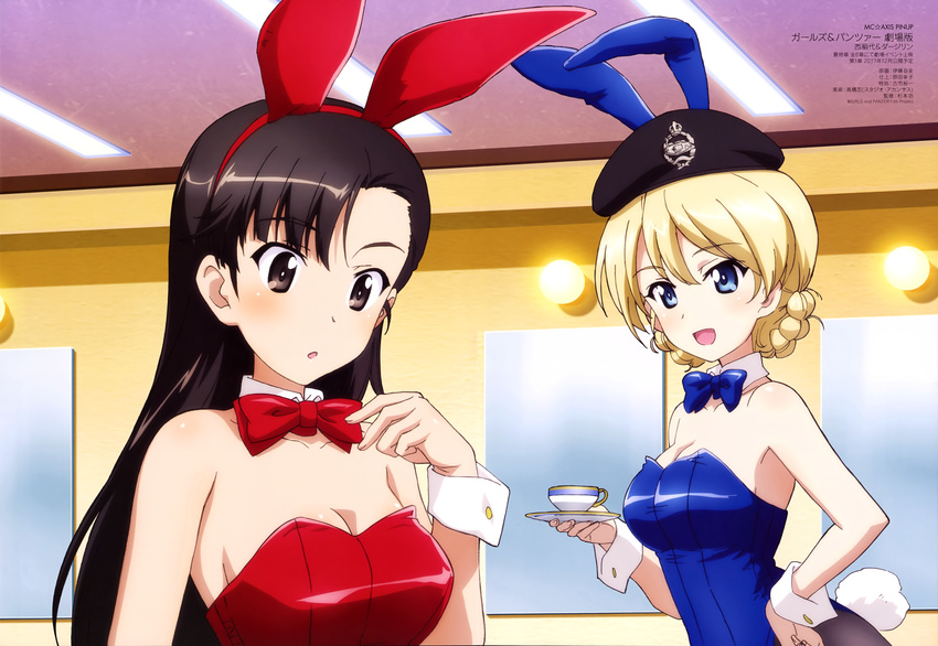 :d :o absurdres alternate_costume animal_ears asymmetrical_bangs bangs bare_shoulders beret black_eyes black_hair black_hat black_legwear blonde_hair blue_eyes blue_leotard blue_neckwear bow bowtie braid breasts bunny_ears bunny_tail bunnysuit cleavage cup darjeeling detached_collar dressing_room eyebrows_visible_through_hair fake_animal_ears french_braid girls_und_panzer hand_on_hip hat highres indoors itou_takeshi leotard long_hair looking_at_another mc_axis medium_breasts mirror multiple_girls nishi_kinuyo official_art open_mouth pantyhose parted_lips red_leotard red_neckwear saucer scan shiny shiny_hair short_hair smile strapless strapless_leotard tail teacup wrist_cuffs