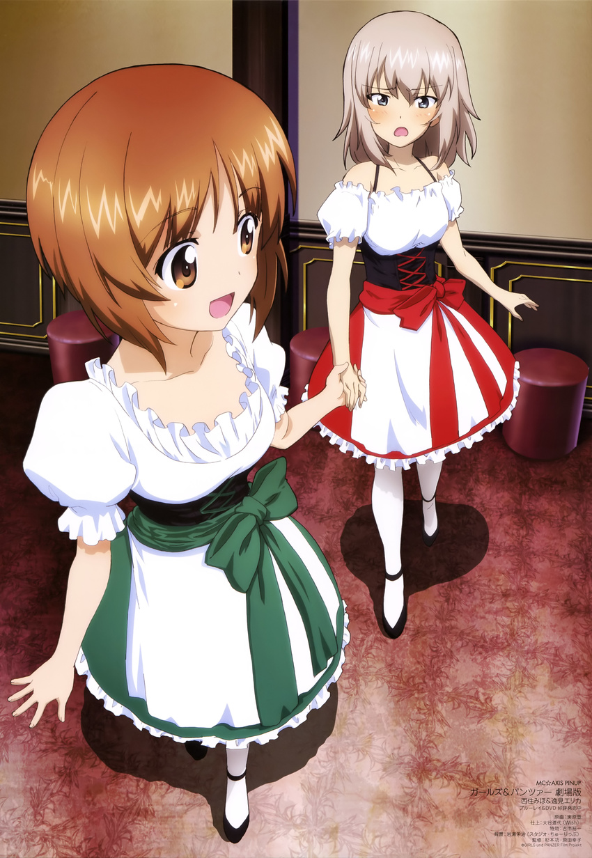 :d absurdres apron black_footwear blouse blue_eyes blush brown_eyes brown_hair d: dirndl dress flats frilled_skirt frills german_clothes girls_und_panzer green_skirt grey_eyes highres holding_hands indoors itsumi_erika jitsuhara_noboru looking_at_another looking_back mc_axis medium_skirt multiple_girls nishizumi_miho official_art open_mouth pantyhose puffy_short_sleeves puffy_sleeves red_skirt short_hair short_sleeves silver_hair skirt smile spaghetti_strap standing v-shaped_eyebrows white_blouse white_legwear