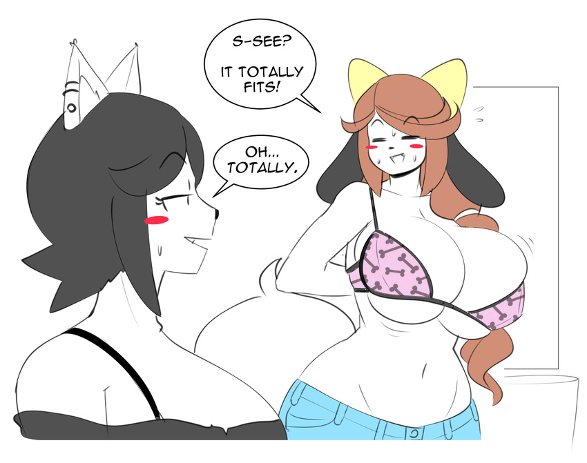 anthro big_breasts black_hair blush_sticker bow bra breasts brown_hair canine cleavage clothed clothing daughter dialogue dog duo ear_piercing english_text female fur hair hi_res holly_applebee huge_breasts maggie_applebee mammal mother mother_and_daughter parent piercing speech_bubble sweat sweatdrop text theycallhimcake underwear white_fur