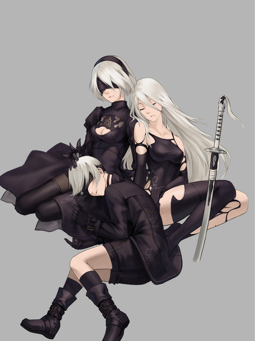 2girls android bare_shoulders black_dress black_footwear black_gloves black_hairband black_jacket black_legwear black_shorts black_tank_top blindfold boots breasts cleavage_cutout dress elbow_gloves gloves hairband highres jacket lap_pillow long_hair medium_breasts mole mole_under_mouth multiple_girls nier_(series) nier_automata patterned_clothing petting render short_hair shorts silver_hair simple_background sleeping sword thigh_boots thighhighs torn_clothes torn_legwear very_long_hair weapon yorha_no._2_type_b yorha_no._9_type_s yorha_type_a_no._2 yu_xiang_qiezi