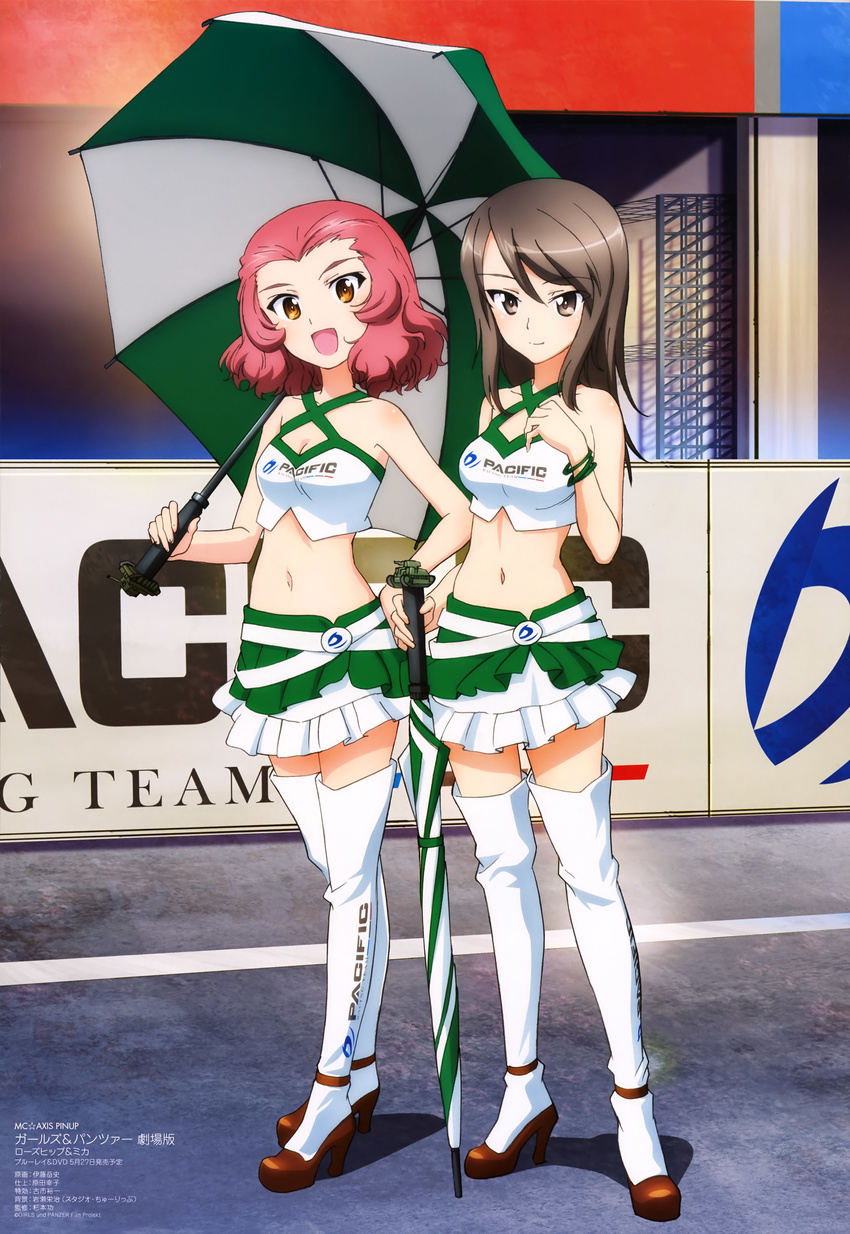 :d absurdres alternate_costume bangs belt boots bracelet breasts brown_eyes brown_hair cleavage crop_top eyebrows_visible_through_hair full_body girls_und_panzer green_skirt green_umbrella ground_vehicle hand_on_hip high_heel_boots high_heels highres holding itou_takeshi jewelry layered_skirt logo long_hair looking_at_viewer mc_axis medium_breasts midriff mika_(girls_und_panzer) military military_vehicle motor_vehicle multiple_girls navel official_art open_mouth print_footwear race_queen red_hair rosehip shirt short_hair skirt smile standing tank thigh_boots thighhighs umbrella white_belt white_footwear white_shirt