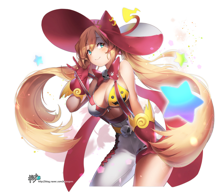 absurdly_long_hair absurdres aqua_eyes artist_name blonde_hair blush breasts cleavage closed_mouth eyebrows_visible_through_hair gloves hat highres kyjsogom large_breasts long_hair looking_at_viewer original pixiv_username red_gloves red_hat skull smile star twintails v very_long_hair watermark web_address