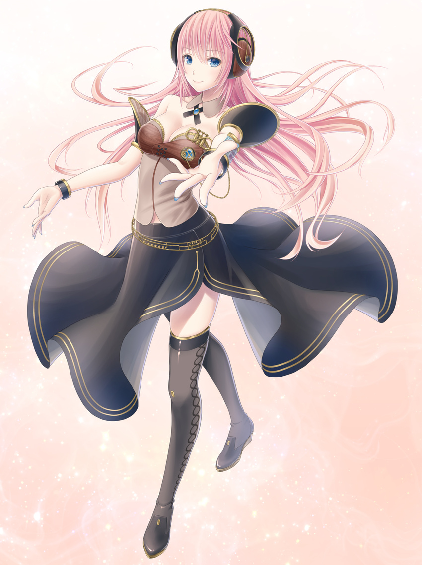 arm_strap asami_(undoundo) black_footwear black_skirt blue_eyes blue_nails boots breasts cleavage detached_collar eyebrows_visible_through_hair floating_hair full_body hair_between_eyes headphones highres long_hair looking_at_viewer medium_breasts megurine_luka megurine_luka_(vocaloid4) nail_polish pink_background pink_hair simple_background skirt smile solo standing strapless thigh_boots thighhighs very_long_hair vocaloid wrist_cuffs