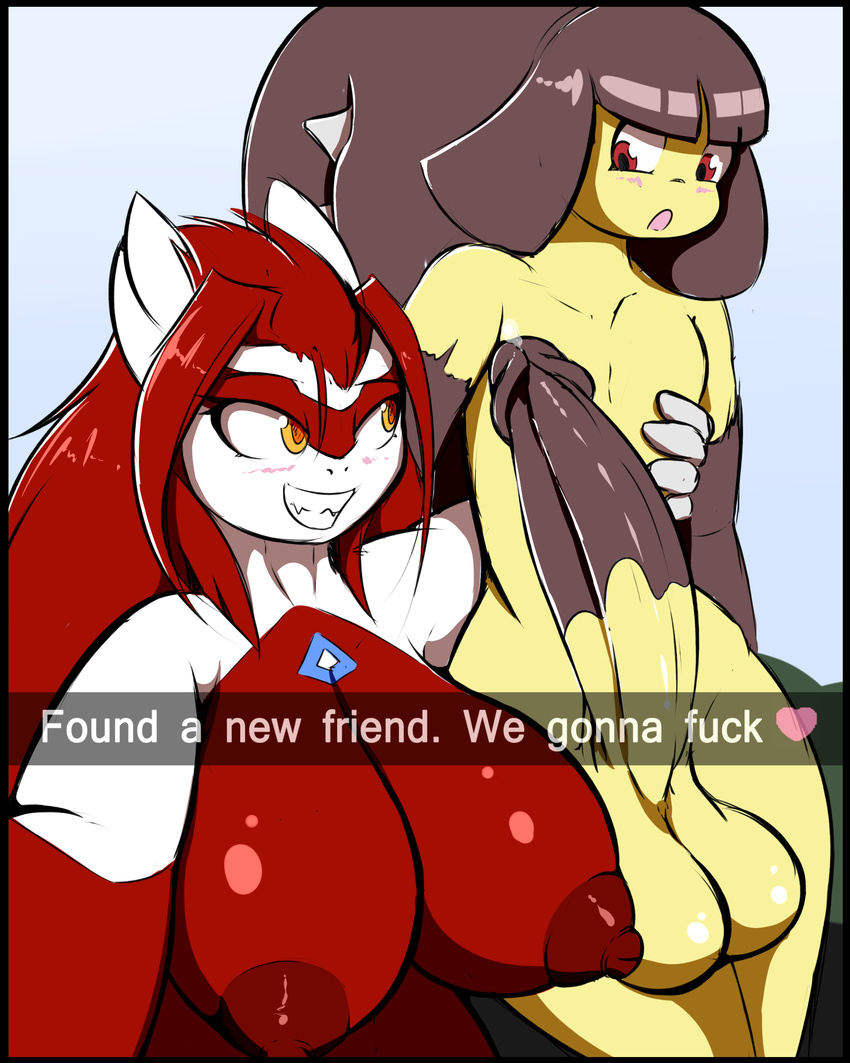 &lt;3 absurd_res anthro anthro_on_anthro anthrofied areola balls big_areola big_breasts big_penis blush breasts duo english_text erection female grin hair hi_res huge_breasts humanoid_penis interspecies latias legendary_pok&eacute;mon lewdtias male male/female mawile nintendo nipples nude open_mouth orange_eyes penis pok&eacute;mon pok&eacute;mon_(species) precum quin-nsfw red_eyes red_hair smile snapchat teeth text video_games