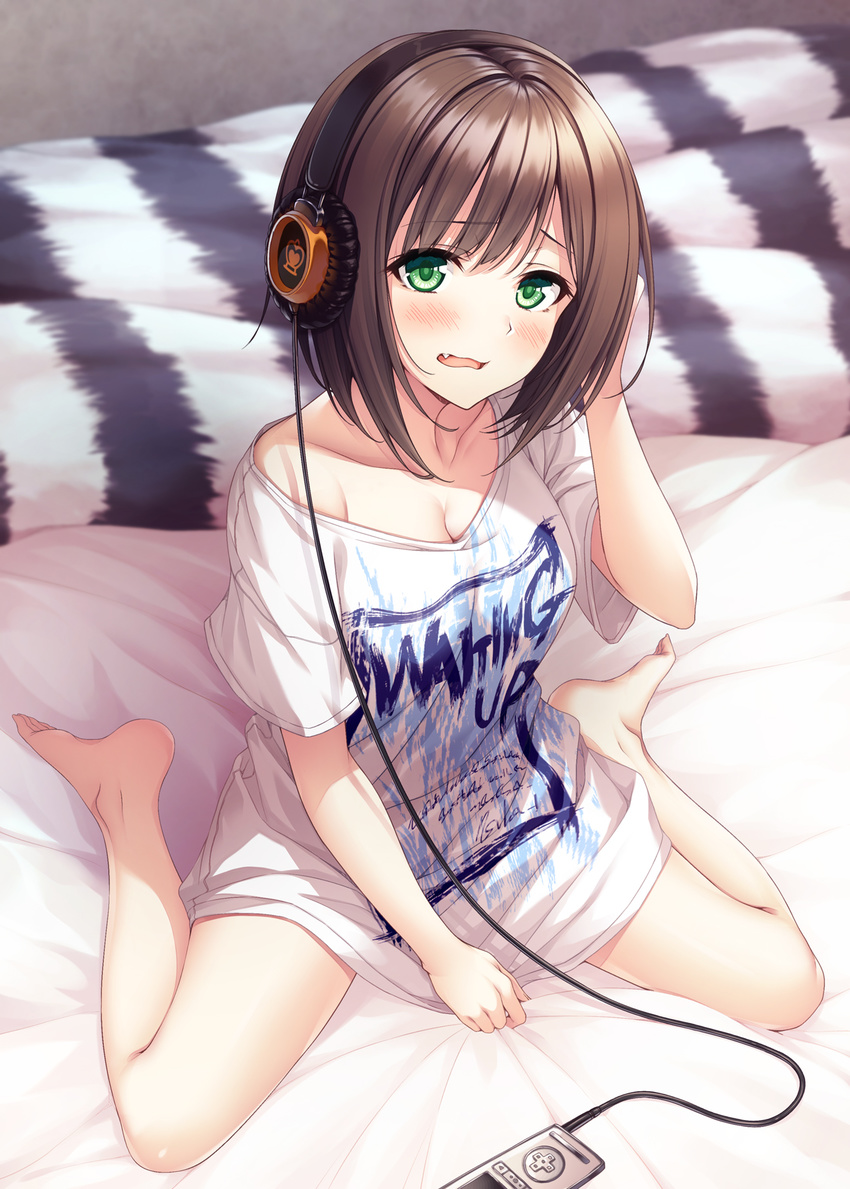 barefoot blush breasts brown_hair cleavage clothes_writing cosplay fang green_eyes hasumi_(hasubatake39) headphones highres idolmaster idolmaster_cinderella_girls looking_at_viewer maekawa_miku media_player medium_breasts off_shoulder open_mouth shirt short_hair sitting solo t-shirt tada_riina tada_riina_(cosplay) wariza