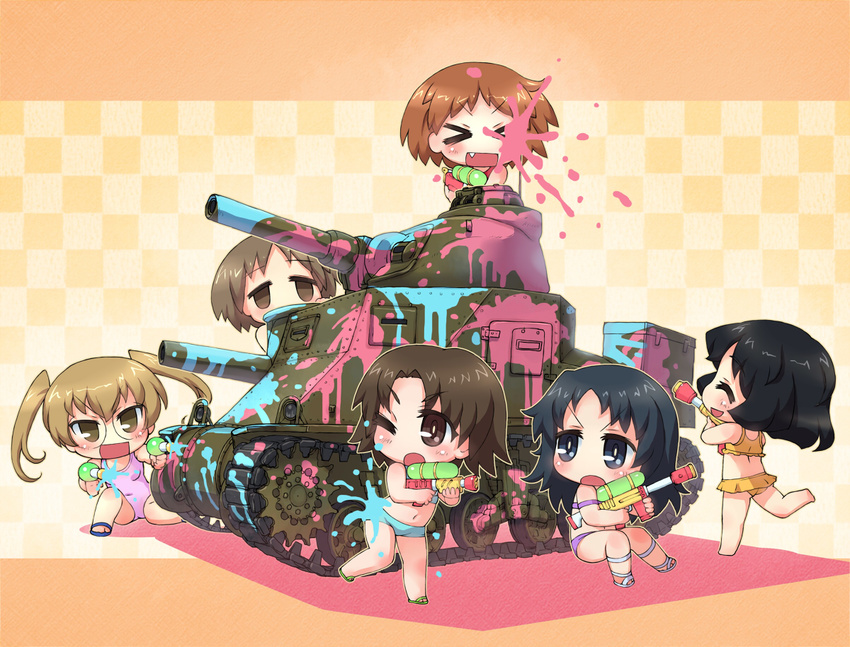 &gt;_&lt; bikini black_eyes black_hair blonde_hair blush_stickers brown_eyes brown_hair caterpillar_tracks checkered checkered_background chibi closed_eyes fang girls_und_panzer glasses ground_vehicle leg_up m3_lee maruyama_saki midriff military military_vehicle motor_vehicle multiple_girls navel one_eye_closed oono_aya open_mouth paint paint_gun paint_splatter sakaguchi_karina sandals sankuma sawa_azusa swimsuit tank twintails utsugi_yuuki yamagou_ayumi