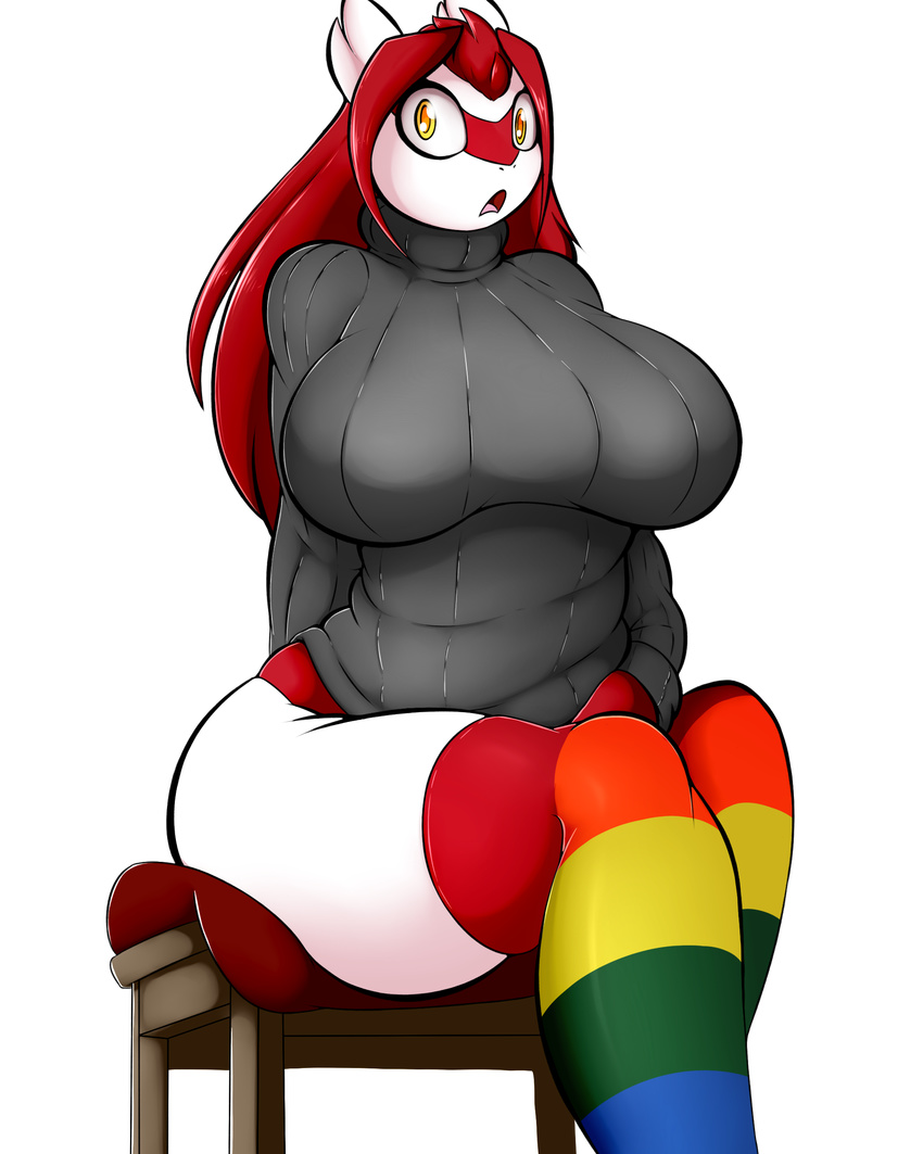 anthro big_breasts breasts clothing female hair kneesocks latias legendary_pok&eacute;mon lewdtias long_hair looking_at_viewer nintendo open_mouth pok&eacute;mon pok&eacute;mon_(species) quin-nsfw red_hair solo tongue video_games yellow_eyes