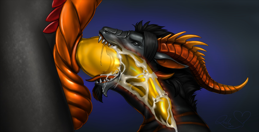 anthro aohren balls big_balls big_penis black_hair black_scales close-up cum cum_in_mouth cum_in_throat cum_inside cum_on_face darylith deep_throat dragon eyes_closed fellatio hair hi_res horn internal invalid_tag knot leaking male male/male neck_bulge oral orange_scales penis quillu scales sex size_difference teeth yellow_penis