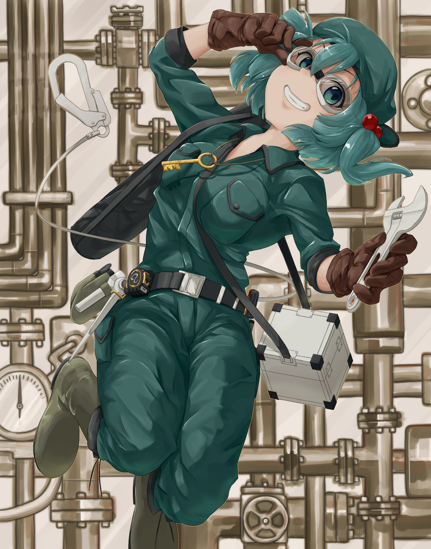 absurdres adjusting_eyewear alternate_costume aqua_eyes aqua_hair belt boots breasts brown_gloves commentary_request full_body gloves goggles grin hair_bobbles hair_ornament hand_up highres holding kawashiro_nitori key kokko361 long_sleeves looking_at_viewer medium_breasts overalls pipes pocket smile solo steampunk teeth toolbox touhou two_side_up wrench